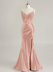 Trumpet/Mermaid V-Neck Sweep Train Jersey Prom Dresses With Rhinestone Appliques Lace Sequins Beading