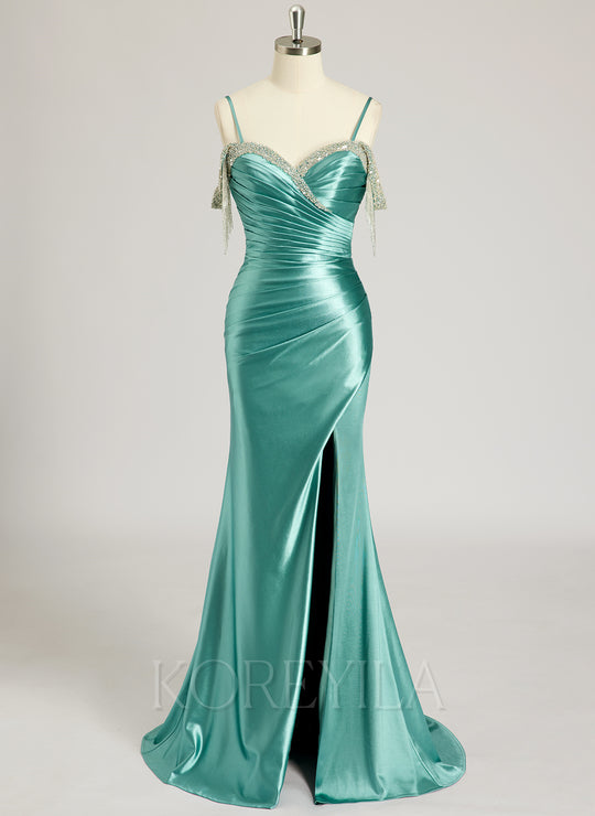Trumpet/Mermaid Off the Shoulder Sweep Train Jersey Prom Dresses With Rhinestone Beading Sequins
