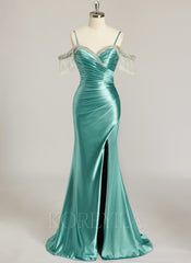 Trumpet/Mermaid Off the Shoulder Sweep Train Jersey Prom Dresses With Rhinestone Beading Sequins