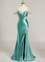 Trumpet/Mermaid Off the Shoulder Sweep Train Jersey Prom Dresses With Rhinestone Beading Sequins