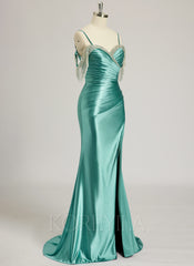 Trumpet/Mermaid Off the Shoulder Sweep Train Jersey Prom Dresses With Rhinestone Beading Sequins