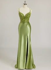 Trumpet/Mermaid V-Neck Sweep Train Jersey Prom Dresses With Sequins Beading Embroidered