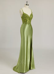 Trumpet/Mermaid V-Neck Sweep Train Jersey Prom Dresses With Sequins Beading Embroidered