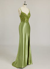 Trumpet/Mermaid V-Neck Sweep Train Jersey Prom Dresses With Sequins Beading Embroidered