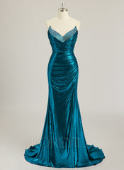 Trumpet/Mermaid V-Neck Sweep Train Metallic Prom Dresses With Rhinestone Pleated