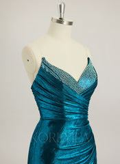 Trumpet/Mermaid V-Neck Sweep Train Metallic Prom Dresses With Rhinestone Pleated
