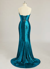 Trumpet/Mermaid V-Neck Sweep Train Metallic Prom Dresses With Rhinestone Pleated