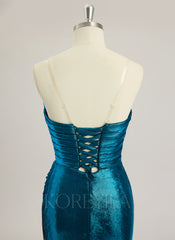 Trumpet/Mermaid V-Neck Sweep Train Metallic Prom Dresses With Rhinestone Pleated