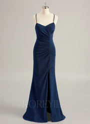 Trumpet/Mermaid V-Neck Floor-Length Jersey Prom Dresses With Pleated