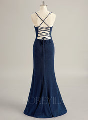 Trumpet/Mermaid V-Neck Floor-Length Jersey Prom Dresses With Pleated