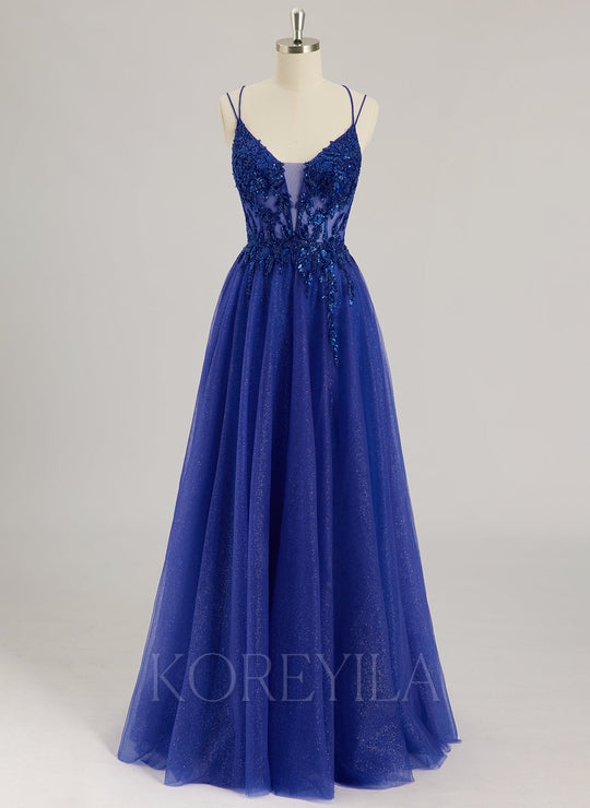 Ball-Gown/Princess V-Neck Floor-Length Tulle Prom Dresses With Beading Sequins Appliques Lace