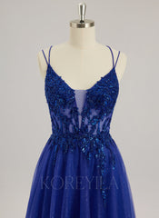 Ball-Gown/Princess V-Neck Floor-Length Tulle Prom Dresses With Beading Sequins Appliques Lace