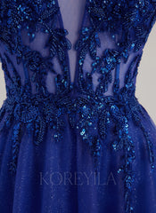 Ball-Gown/Princess V-Neck Floor-Length Tulle Prom Dresses With Beading Sequins Appliques Lace