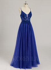 Ball-Gown/Princess V-Neck Floor-Length Tulle Prom Dresses With Beading Sequins Appliques Lace