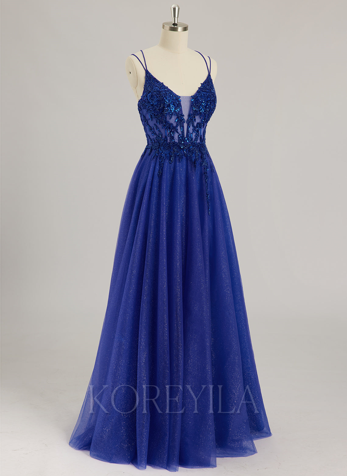 Ball-Gown/Princess V-Neck Floor-Length Tulle Prom Dresses With Beading Sequins Appliques Lace