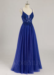 Ball-Gown/Princess V-Neck Floor-Length Tulle Prom Dresses With Beading Sequins Appliques Lace