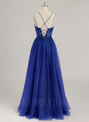 Ball-Gown/Princess V-Neck Floor-Length Tulle Prom Dresses With Beading Sequins Appliques Lace