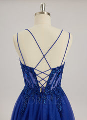 Ball-Gown/Princess V-Neck Floor-Length Tulle Prom Dresses With Beading Sequins Appliques Lace