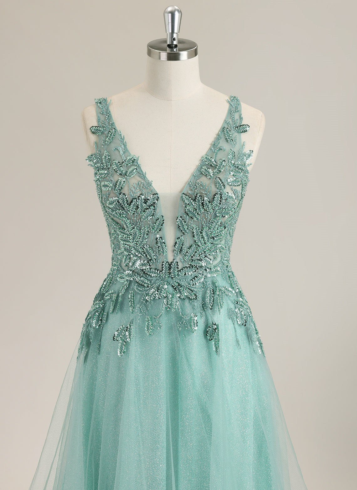 A-line Sleeveless Sweep Train Tulle Prom Dress With Sequins
