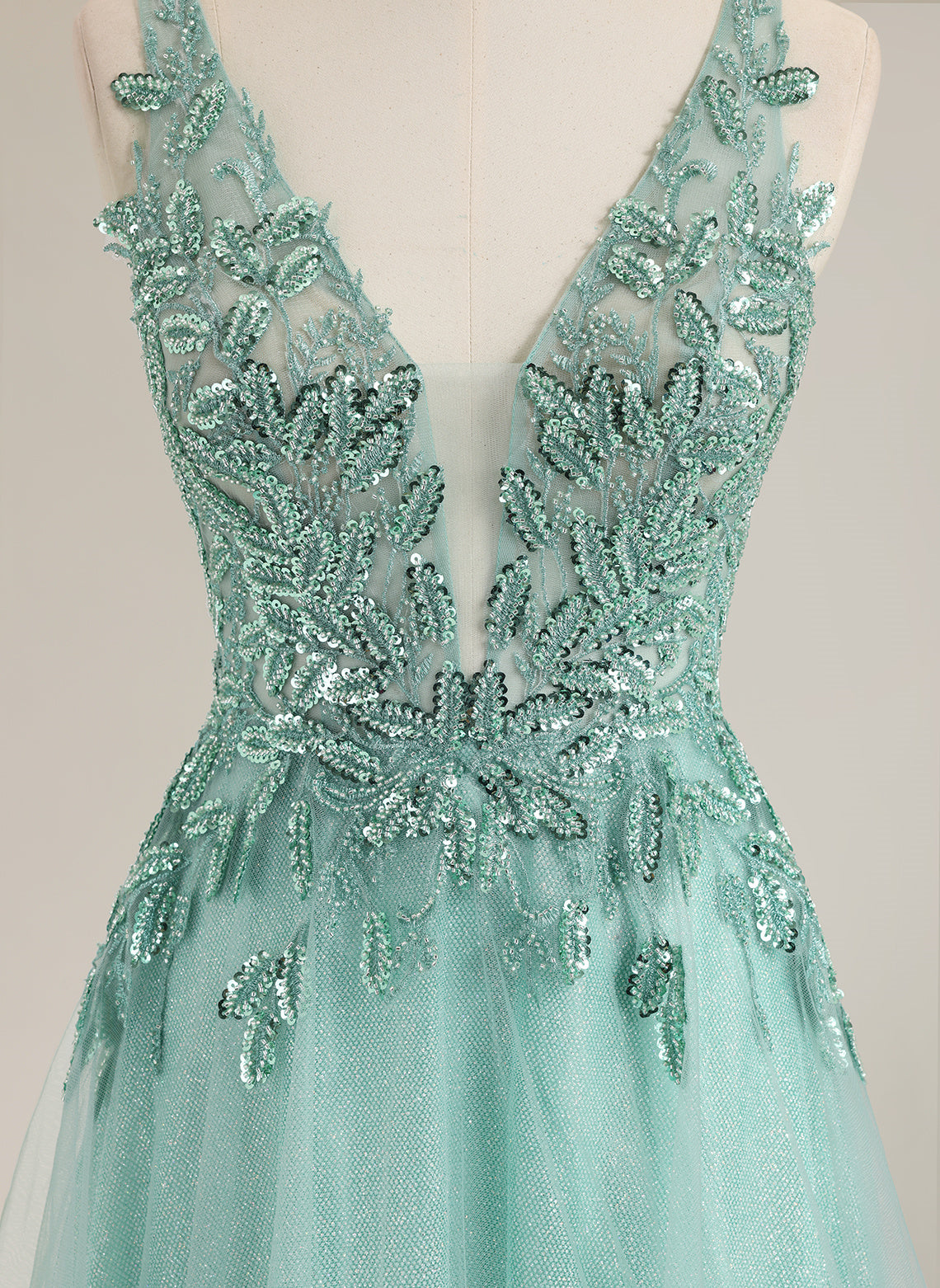 A-line Sleeveless Sweep Train Tulle Prom Dress With Sequins
