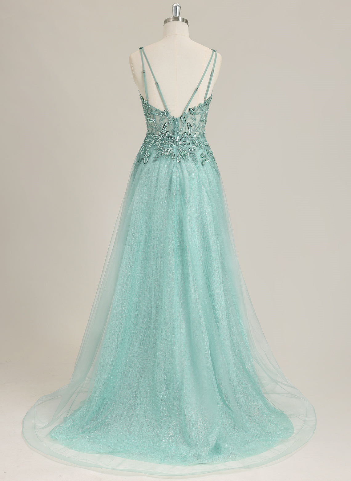 A-line Sleeveless Sweep Train Tulle Prom Dress With Sequins