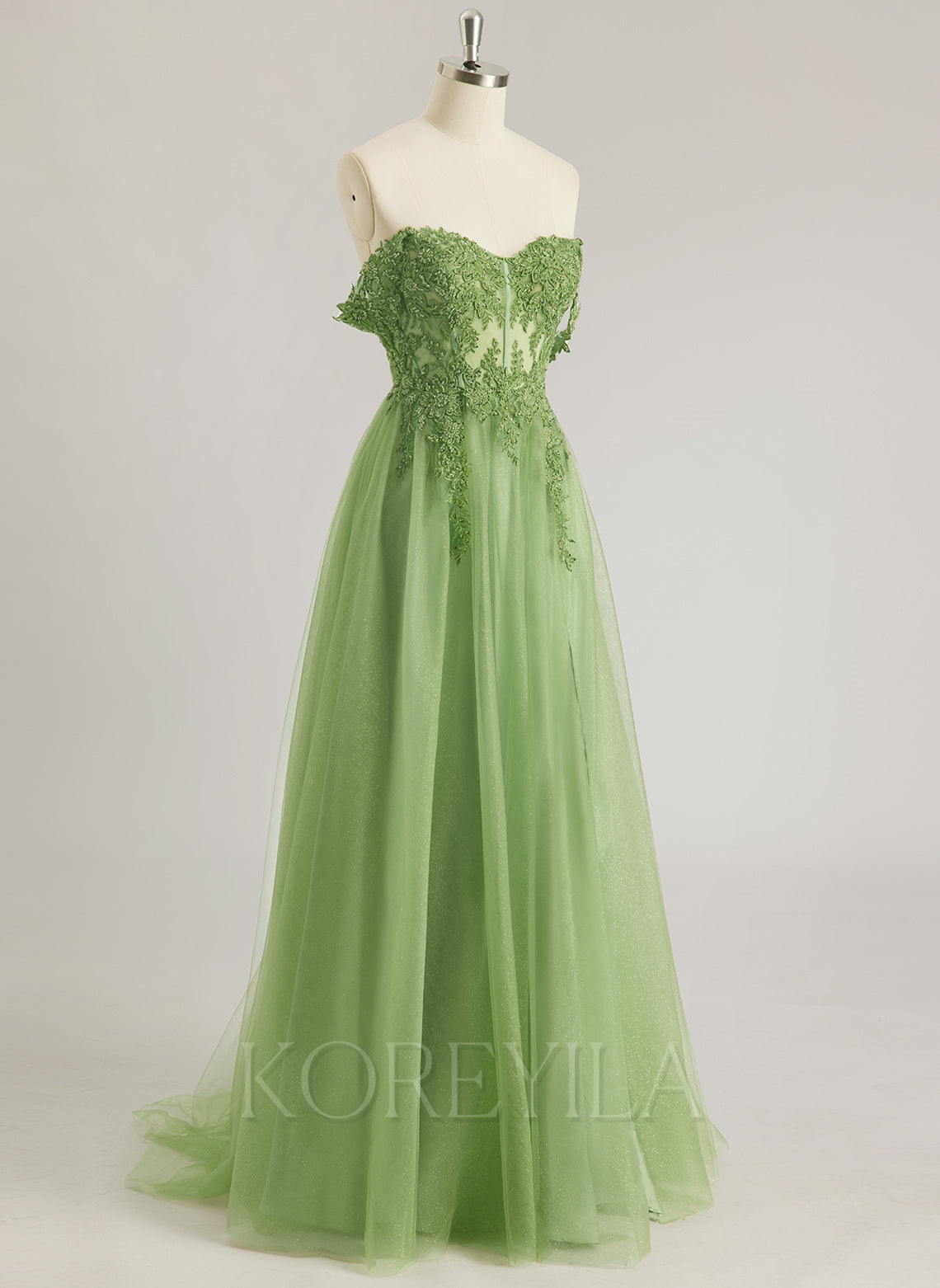 A-line Off the Shoulder Sweep Train Tulle Prom Dresses With Sequins Appliques Lace Beading