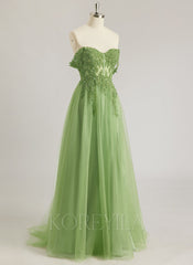A-line Off the Shoulder Sweep Train Tulle Prom Dresses With Sequins Appliques Lace Beading