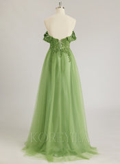 A-line Off the Shoulder Sweep Train Tulle Prom Dresses With Sequins Appliques Lace Beading