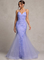 Trumpet/Mermaid V-Neck Floor-Length Lace Prom Dresses