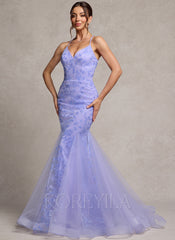 Trumpet/Mermaid V-Neck Floor-Length Lace Prom Dresses