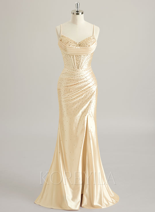 Trumpet/Mermaid V-Neck Sweep Train Silky Satin Prom Dresses With Pleated Rhinestone