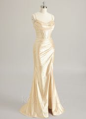 Trumpet/Mermaid V-Neck Sweep Train Silky Satin Prom Dresses With Pleated Rhinestone