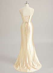 Trumpet/Mermaid V-Neck Sweep Train Silky Satin Prom Dresses With Pleated Rhinestone