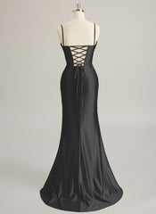 Trumpet/Mermaid V-Neck Sweep Train Silky Satin Prom Dresses With Pleated Rhinestone