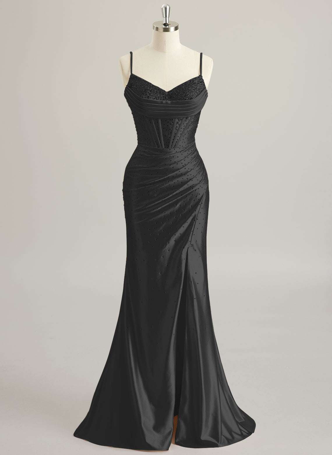 Trumpet/Mermaid V-Neck Sweep Train Silky Satin Prom Dresses With Pleated Rhinestone