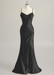 Trumpet/Mermaid V-Neck Sweep Train Silky Satin Prom Dresses With Pleated Rhinestone