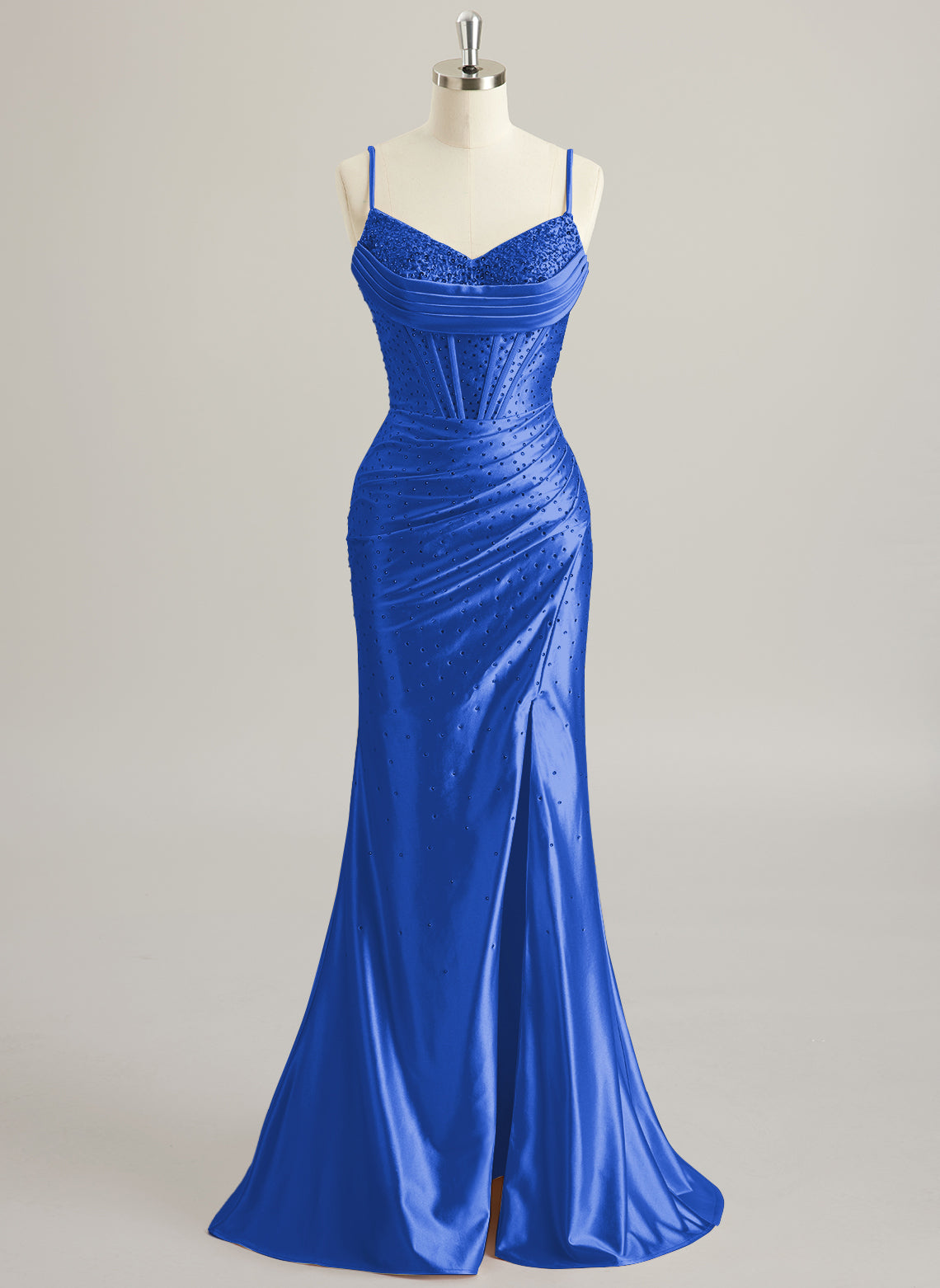 Trumpet/Mermaid V-Neck Sweep Train Silky Satin Prom Dresses With Pleated Rhinestone