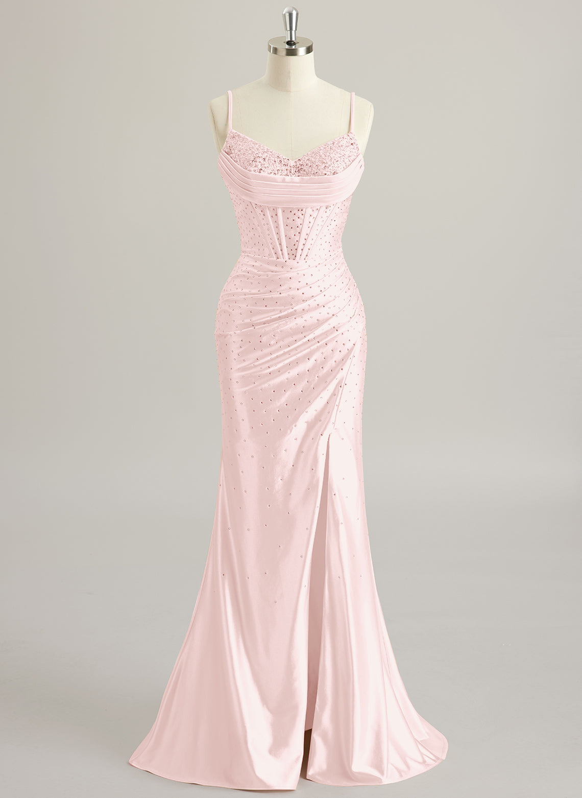 Trumpet/Mermaid V-Neck Sweep Train Silky Satin Prom Dresses With Pleated Rhinestone