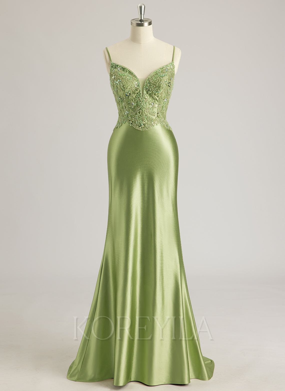 Trumpet/Mermaid V-Neck Sweep Train Silky Satin Prom Dresses With Rhinestone Beading Sequins