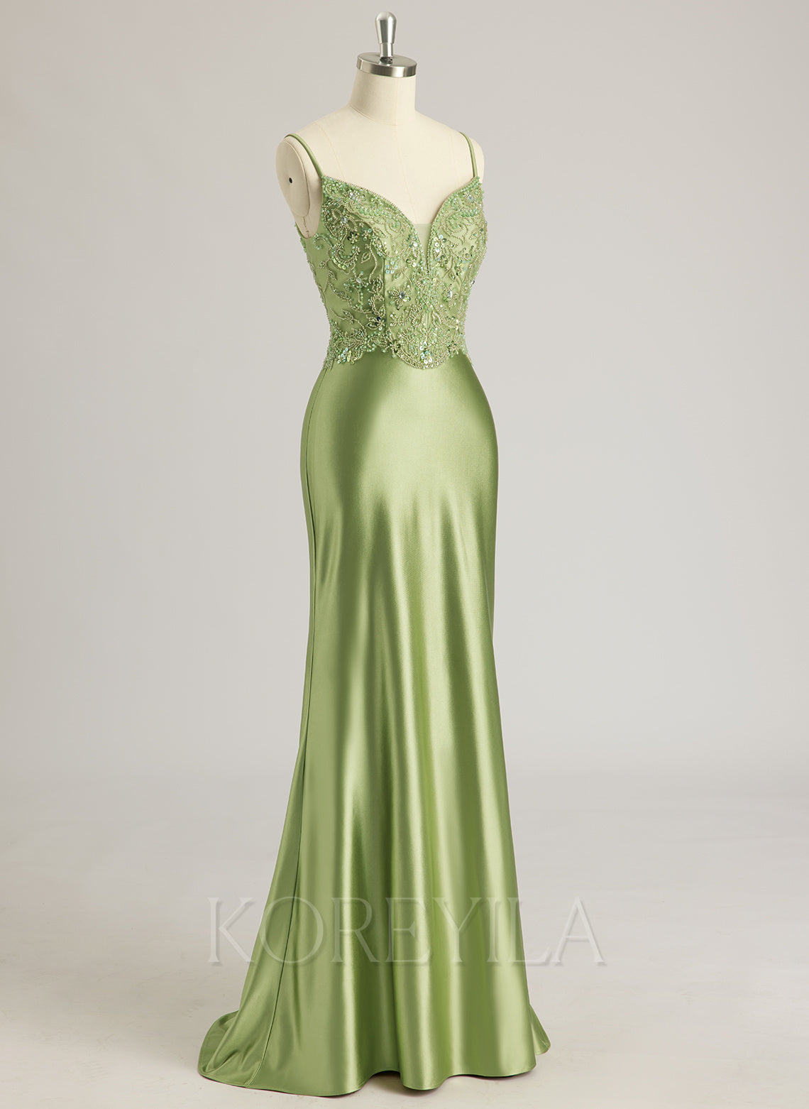 Trumpet/Mermaid V-Neck Sweep Train Silky Satin Prom Dresses With Rhinestone Beading Sequins