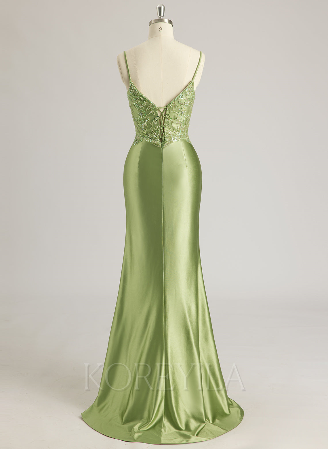 Trumpet/Mermaid V-Neck Sweep Train Silky Satin Prom Dresses With Rhinestone Beading Sequins