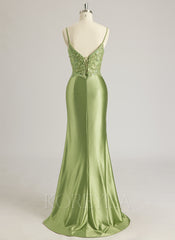 Trumpet/Mermaid V-Neck Sweep Train Silky Satin Prom Dresses With Rhinestone Beading Sequins