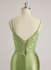 Trumpet/Mermaid V-Neck Sweep Train Silky Satin Prom Dresses With Rhinestone Beading Sequins