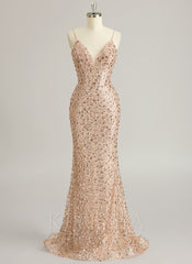 Trumpet/Mermaid V-Neck Sweep Train Sequin Prom Dresses With Sequins
