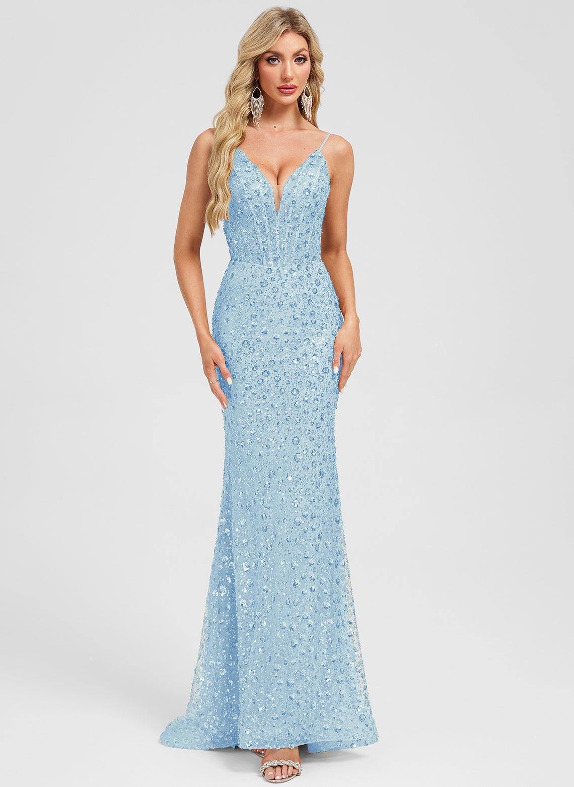 Trumpet/Mermaid V-Neck Sweep Train Sequin Prom Dresses With Sequins