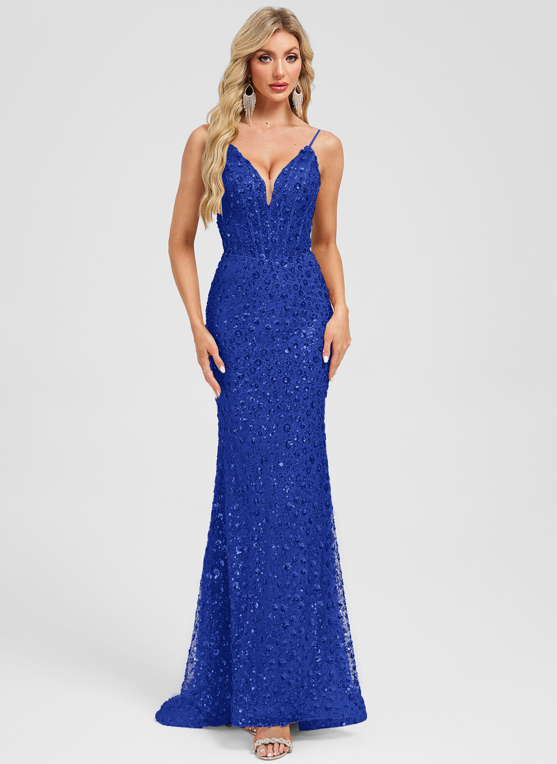Trumpet/Mermaid V-Neck Sweep Train Sequin Prom Dresses With Sequins