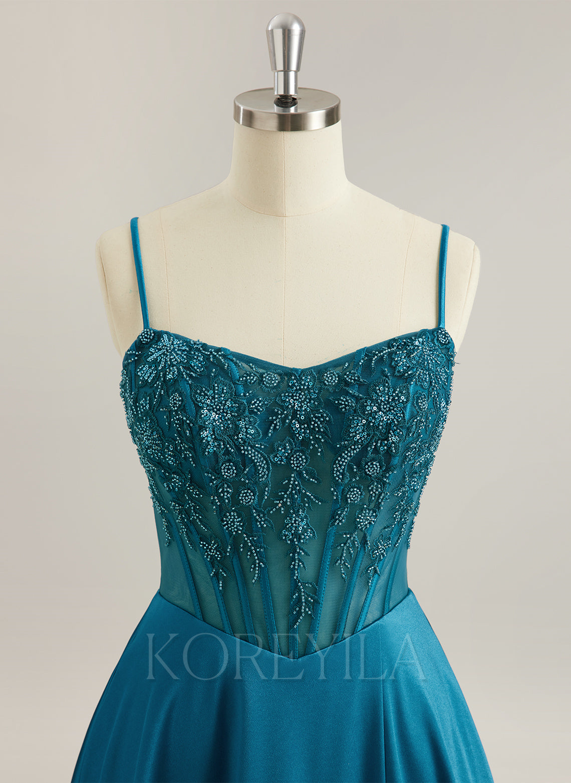 A-line V-Neck Sweep Train Silky Satin Prom Dresses With Sequins Beading