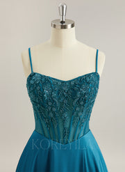 A-line V-Neck Sweep Train Silky Satin Prom Dresses With Sequins Beading