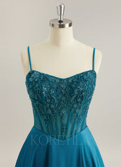 A-line V-Neck Sweep Train Silky Satin Prom Dresses With Sequins Beading