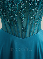 A-line V-Neck Sweep Train Silky Satin Prom Dresses With Sequins Beading